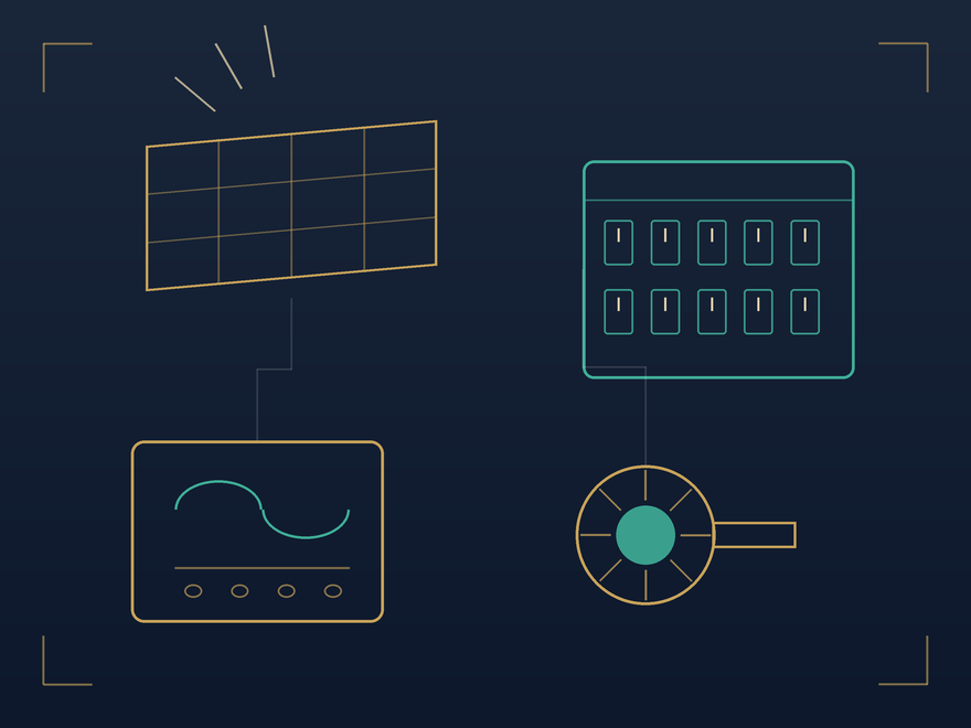 Technical drawing of a solar panel, distribution board, inverter and solar water pump